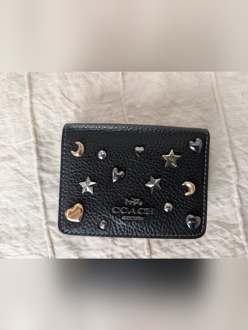 Coach Black Pebbled Leather Studded Wristlet with Mixed Metal Stars & Hearts